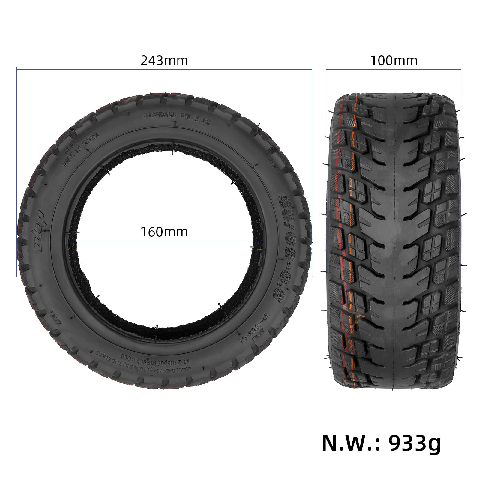 ZAITUO 10" 85/65-6.5 Rubber Explosion-proof Tubeless Tire 10-inch Replacement for Ninebot Segway Self-Balancing Scooter, Xiaomi Mini Pro, GOTRAX GX2 Hoverboard Electric Scooter Tyre Wheel Parts (2)