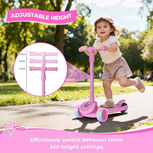 Nattork Kids Scooter - Light Up Wheels, Adjustable Height Handlebars & Anti-Slip Deck | Ages 3-8, Supports Up to 110 LBS