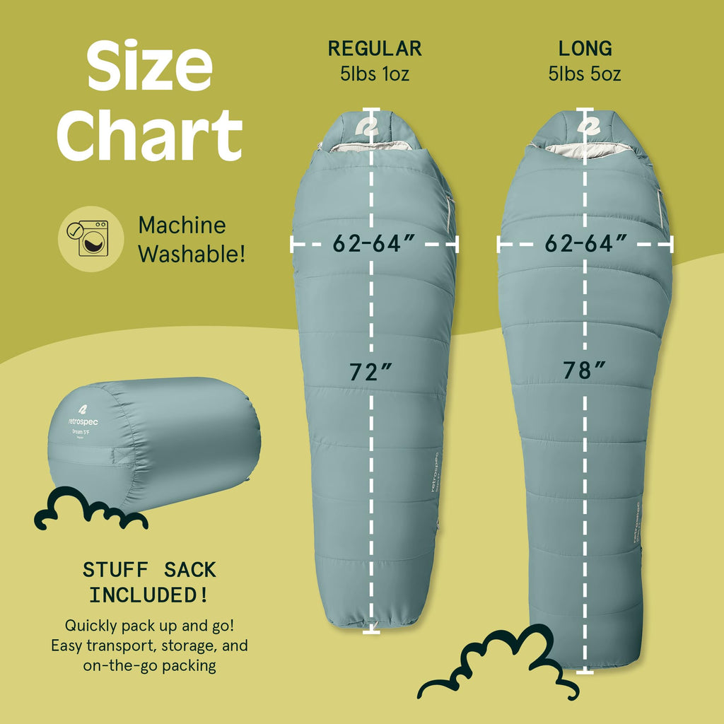 Retrospec Dream 5 Mummy Sleeping Bag - Insulated Cold Weather, Water-Resistant, Adjustable Adult Sleeping Bag
