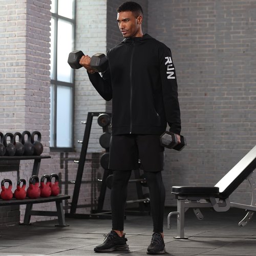 BUYJYA 5Pcs Men's T Shirts Workout Long Sleeve Athletic Zip Pocket Shorts Jackets Compression Pants Gym Clothes Running Basketball Football Gear