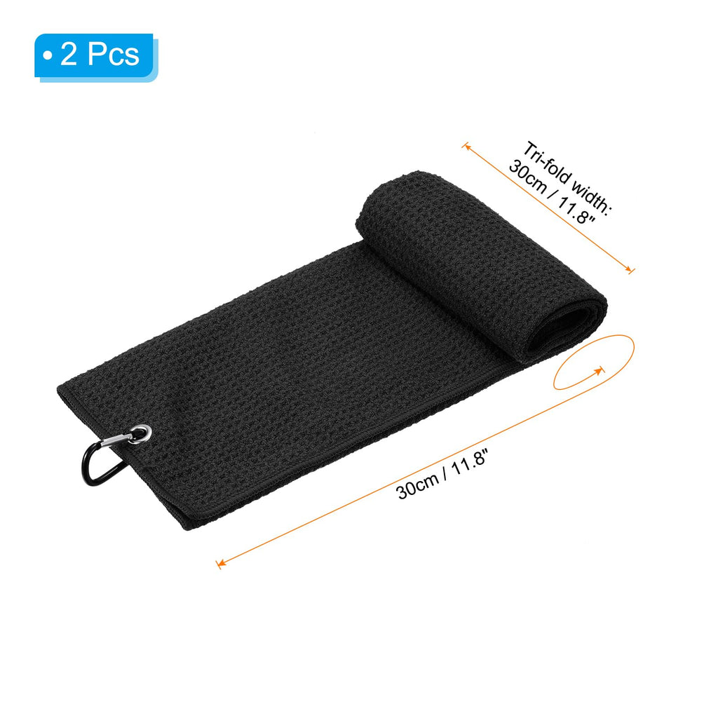 PATIKIL 12"x12" Tri-Fold Golf Towels, 2 Pack Waffle Pattern Towels Soft Fiber Strong Water Absorption with D Clip for Golf Lovers, Black