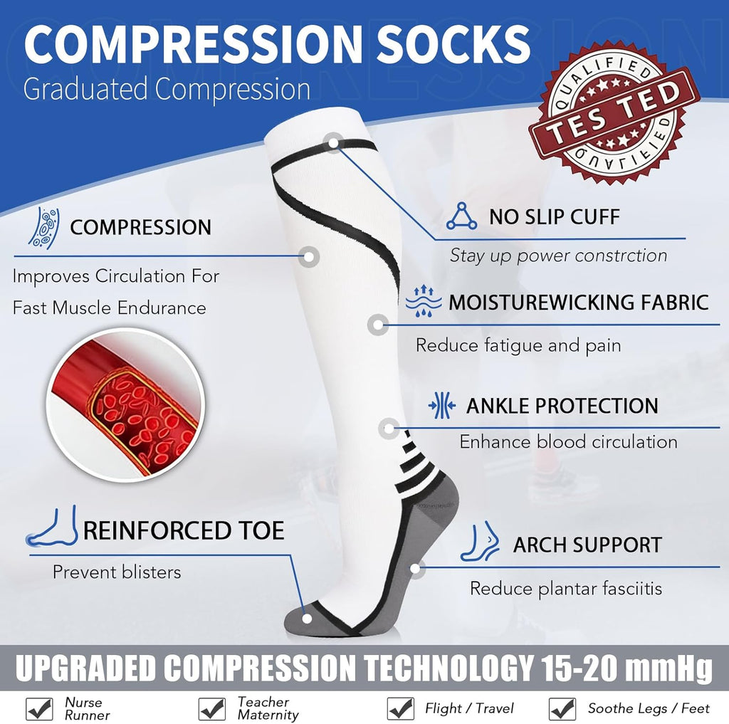 Sooverki Copper Compression Socks - 8 Pack Knee High Stockings for Men & Women | 15-20mmHg Support for Running