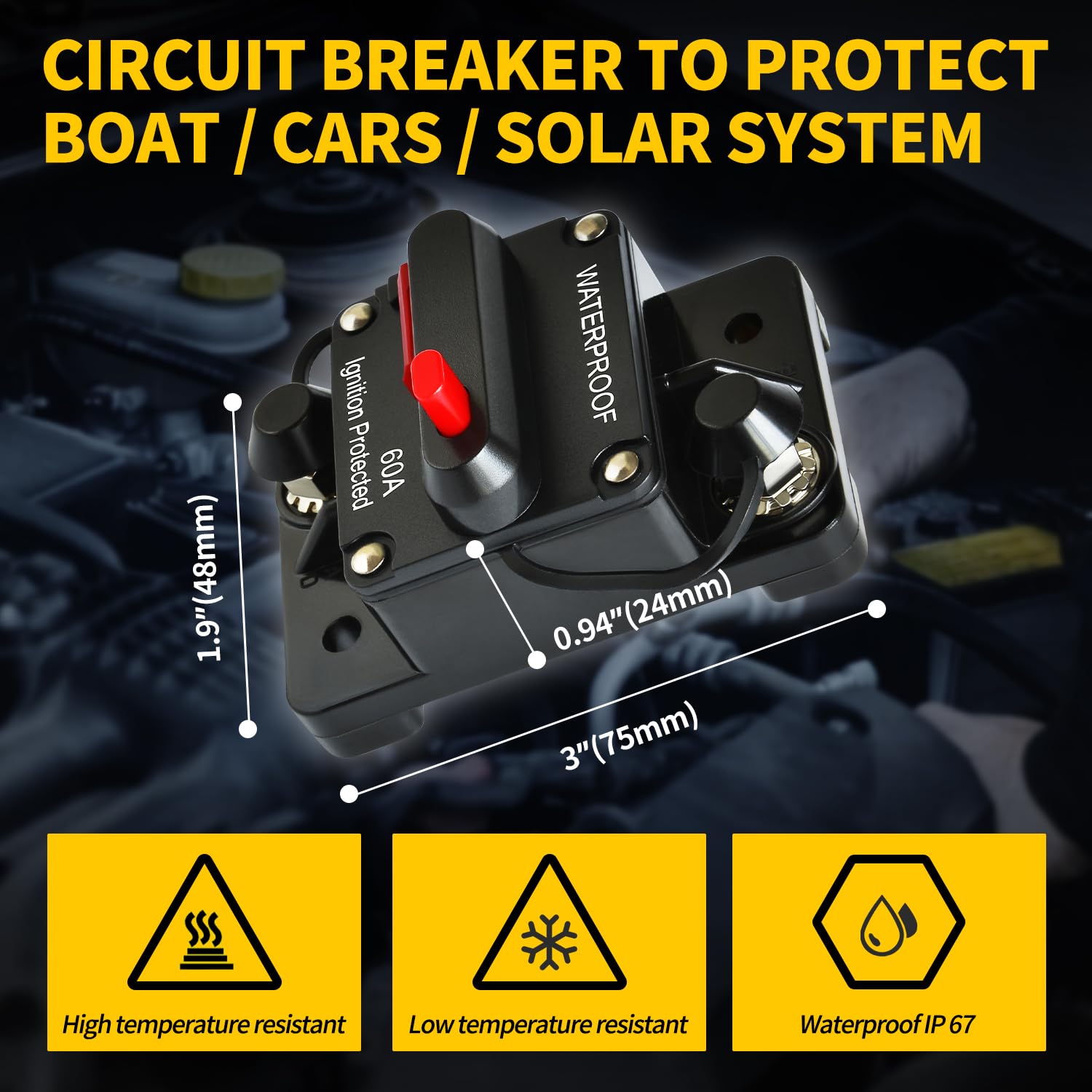 60Amp Circuit Breaker by [Brand Name] - DC 12V-48V for Marine, RV & Solar Systems | IP67 Waterproof, Manual Reset (Pack of 2)