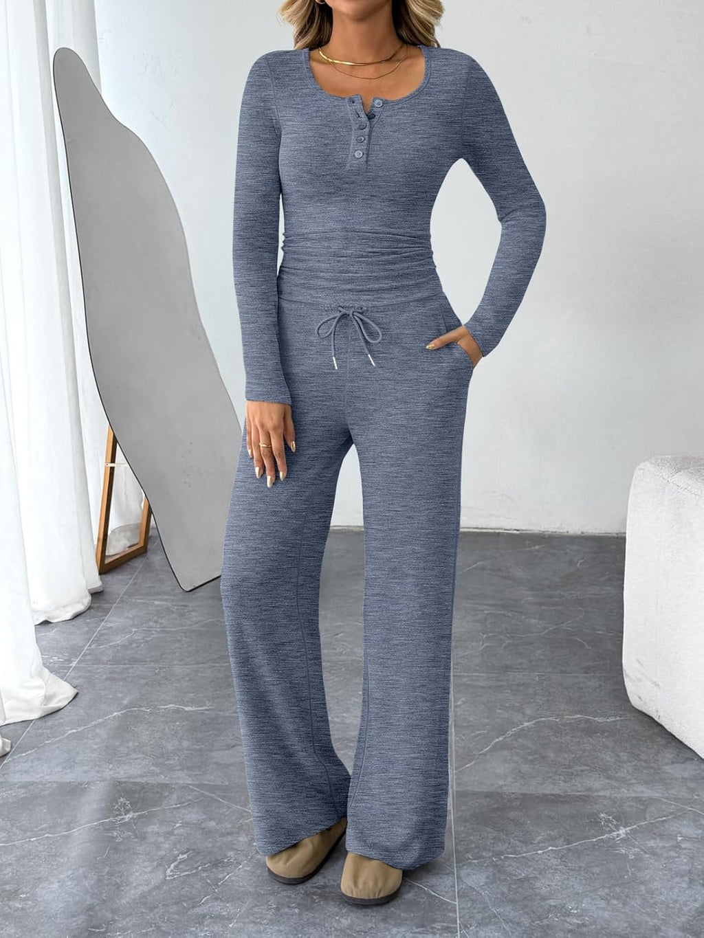 Trendy Queen Women's 2-Piece Lounge Set - Cozy Henley Neck Sweater & Wide Leg Pants Outfit