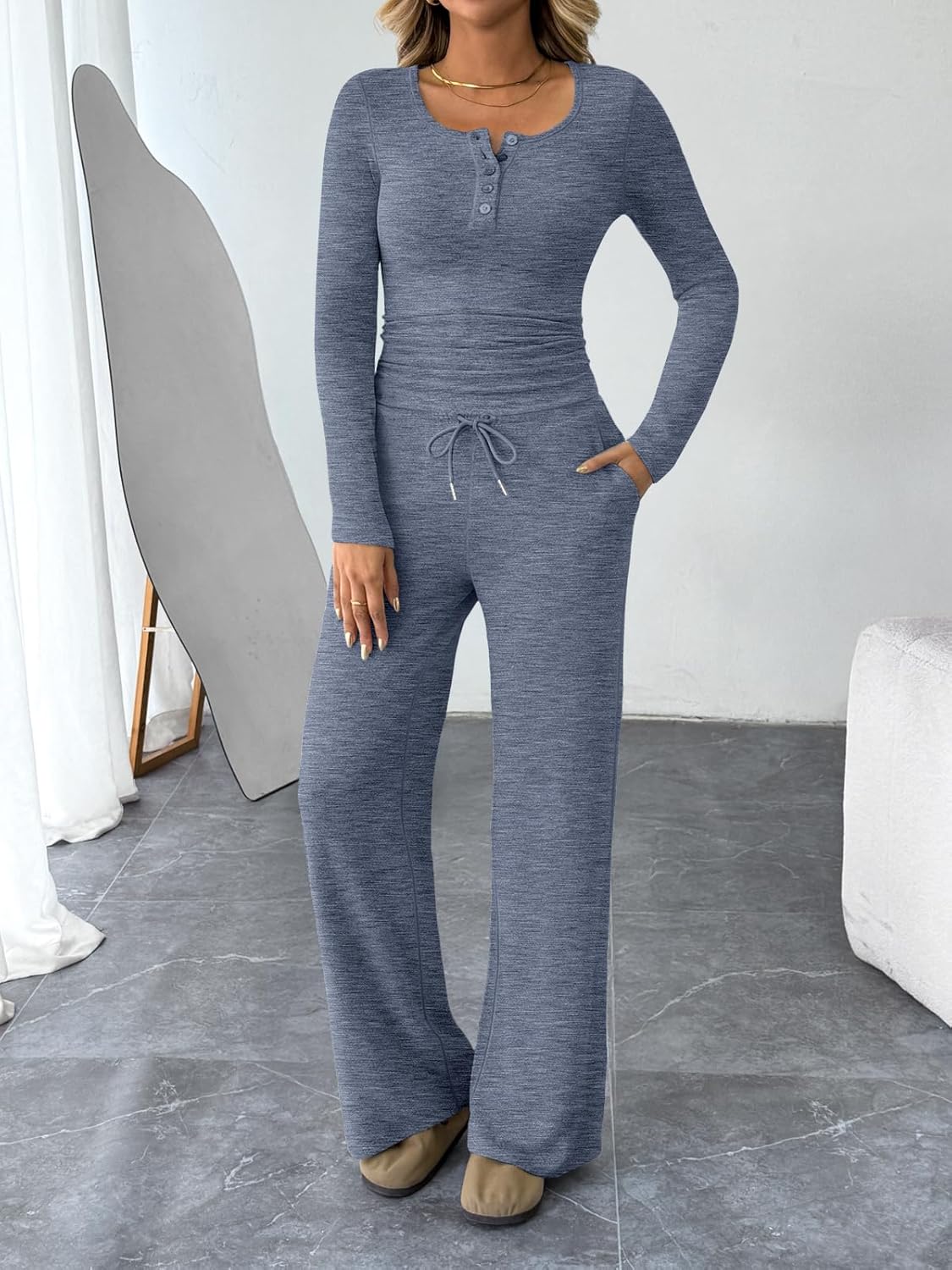 Trendy Queen Women's 2-Piece Lounge Set - Cozy Henley Neck Sweater & Wide Leg Pants Outfit