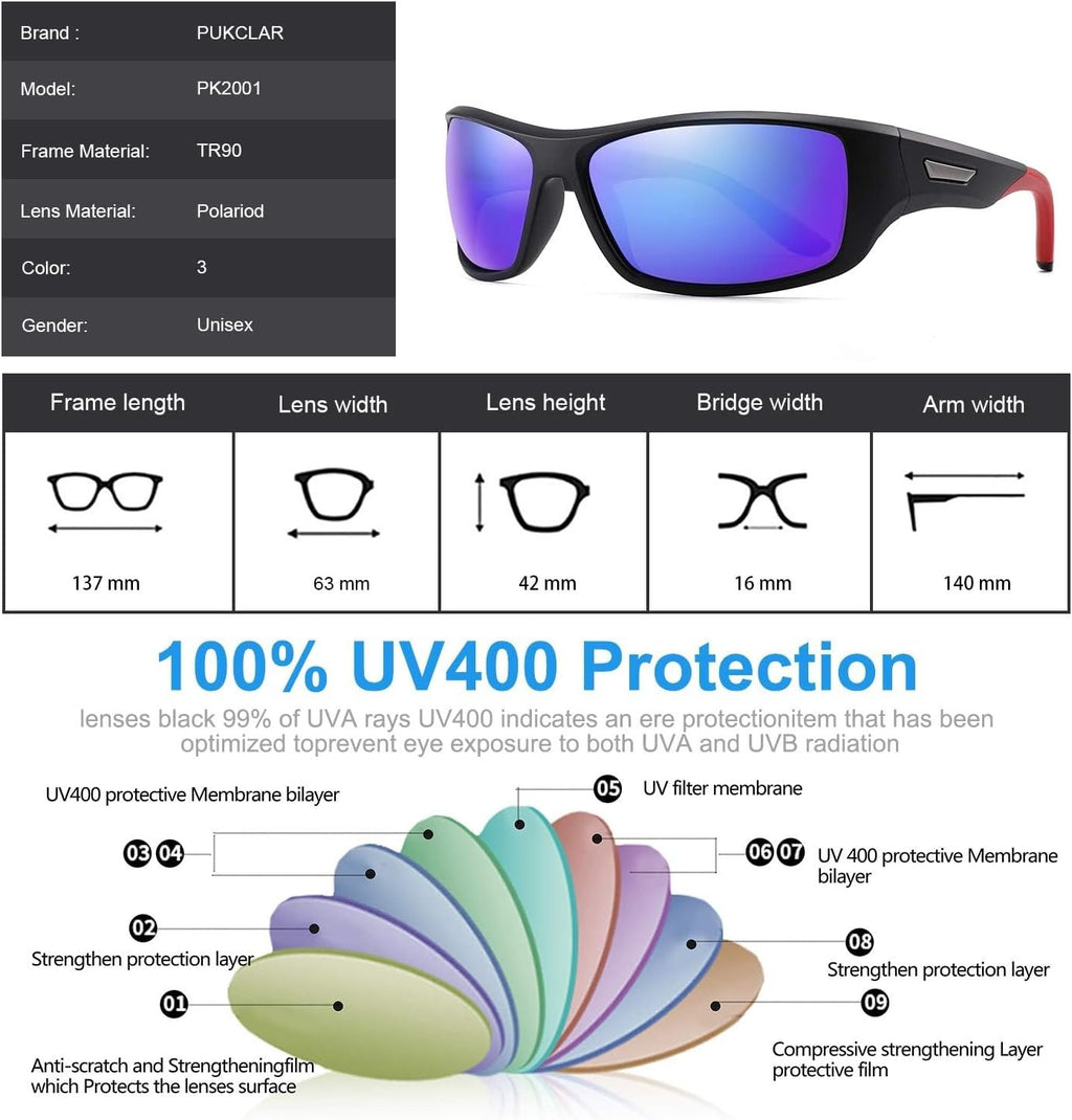 PUKCLAR Polarized Sports Sunglasses - Unbreakable Frame for Men & Women | Ideal for Driving, Cycling, Fishing & Golf