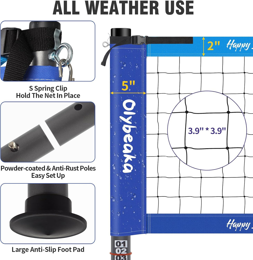 Skiennix Portable Outdoor Volleyball Net Set - Heavy Duty Poles, Durable Net & PU Volleyball | 32ft, Blue