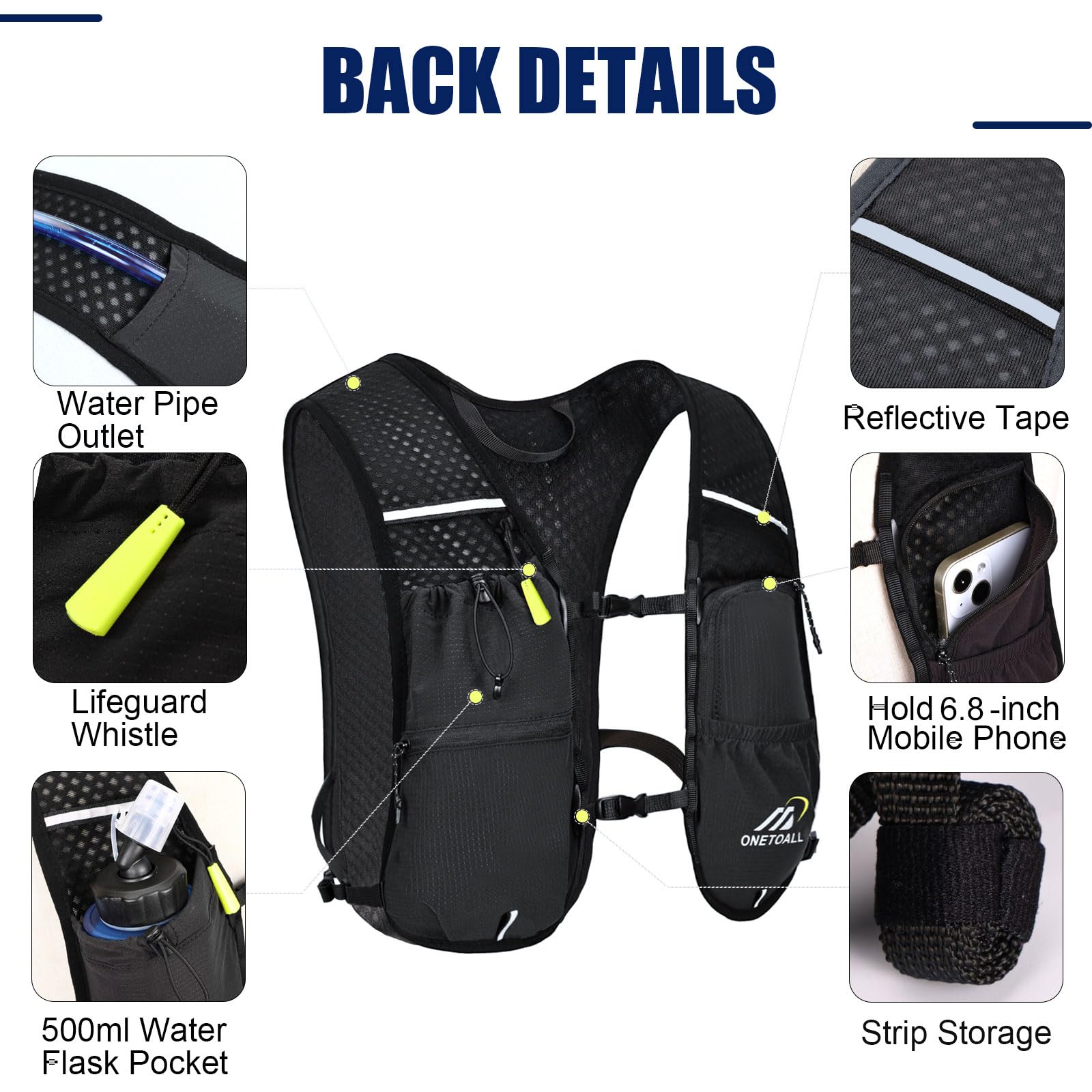 ONETOALL Running Vest for Women & Men,6L Hydration Backpack with 2L Water Bladder,Lightweight Water Backpack for Trail Running, Marathon, Hiking, Cycling, Jogging, Adjustable Fit Black