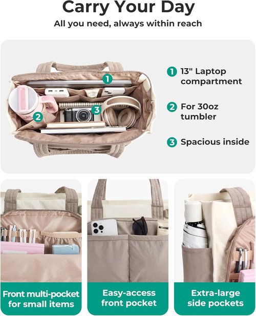 BAGSMART Tote Bag for Women - Versatile Travel Handbag with Cup Holders | Fits 13" & 15.6" Laptops