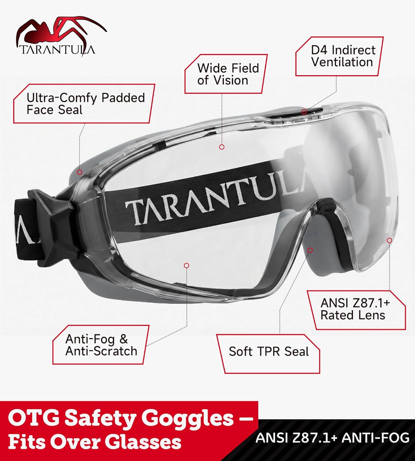 Tarantula Safety Goggles - ANSI Z87.1+ Over Glasses with Anti-Fog & Anti-Scratch Features | Adjustable Strap for Lab & Woodworking