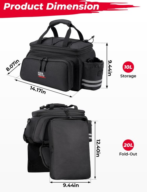 KEMIMOTO Bike Rear Rack Bag Bicycle Trunk Bag Expandable 10-20L Capacity Water Resistant Multifunctional Bicycle Pannier with Rain Cover Bike Saddle Bag for Rear Rack Shopping Commuter Cycling Trip