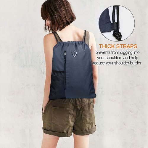BeeGreen Navy Sports Gym Bag - Large Drawstring Backpack with Zipper Pocket & Mesh Water Bottle Holders