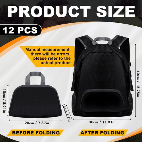 Dunzy Foldable Backpacks - 12 Pcs Lightweight Bulk Pack for Travel & Events | Black Color