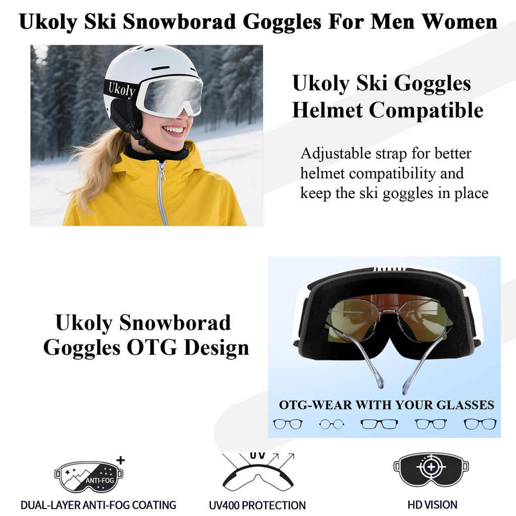 Ukoly Ski/Snowboard Goggles for Men Women, Snow Goggles HD Lens Anti-Fog Coating OTG Design UV400 Protection Windproof (White Frame Silver HD Lens)