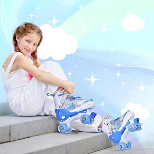 TOMSHOO Kids Roller Skates for Girls Boys 4 Sizes Adjustable Quad Skates with Light up Wheels Ages 3-5 5-8 6-12 rollerskates for Indoor Outdoor Birthday Gift (Blue, Small)