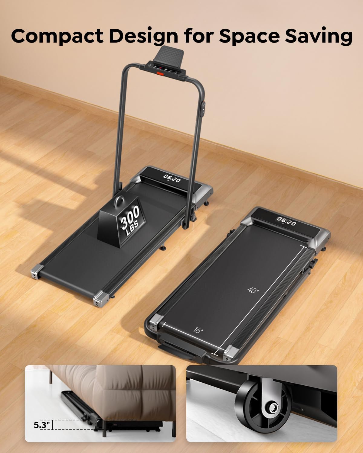 Skiennix Walking Pad Treadmill - 2 in 1 Foldable Design for Home & Office | 300lbs Capacity, App & Remote Control