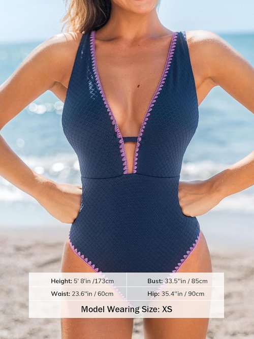 CUPSHE One Piece Swimsuit - Tummy Control V Neck Cutout Design | Textured Cheeky Bottom