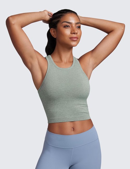 CRZ YOGA Seamless Ribbed High Neck Crop Tank Top - Longline Racerback Padded Sports Bra for Women