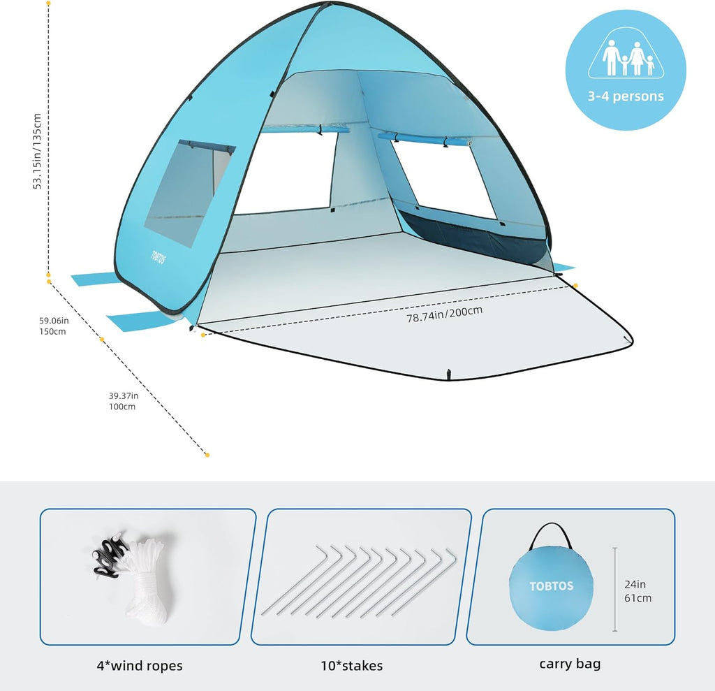 TOBTOS UPF 50+ Beach Tent - Easy Setup Sun Shelter for 2-3 People | Portable UV Protection Canopy with Carry Bag