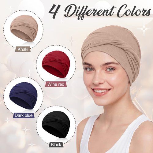 Zhengmy 4 Pcs Cotton Chemo Headwear for Women, Soft Cancer Skull Cap, Knot Turban Stretchy Sleeping Hats for Hair Loss Gift(Black, Khaki, Wine Red, Navy Blue)