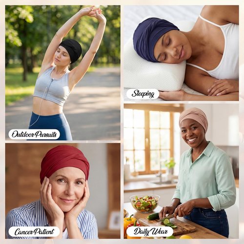 Zhengmy 4 Pcs Cotton Chemo Headwear for Women, Soft Cancer Skull Cap, Knot Turban Stretchy Sleeping Hats for Hair Loss Gift(Black, Khaki, Wine Red, Navy Blue)