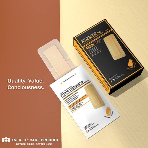 EVERLIT Care Silicone Foam Dressing with Adhesive Border | Highly Absorbent Hypoallergenic Bandages for Chronic Wounds, Bed Sores, Pressure Ulcers | Gentle & Secure Adhesion (2" x 5" | 10 Pack)
