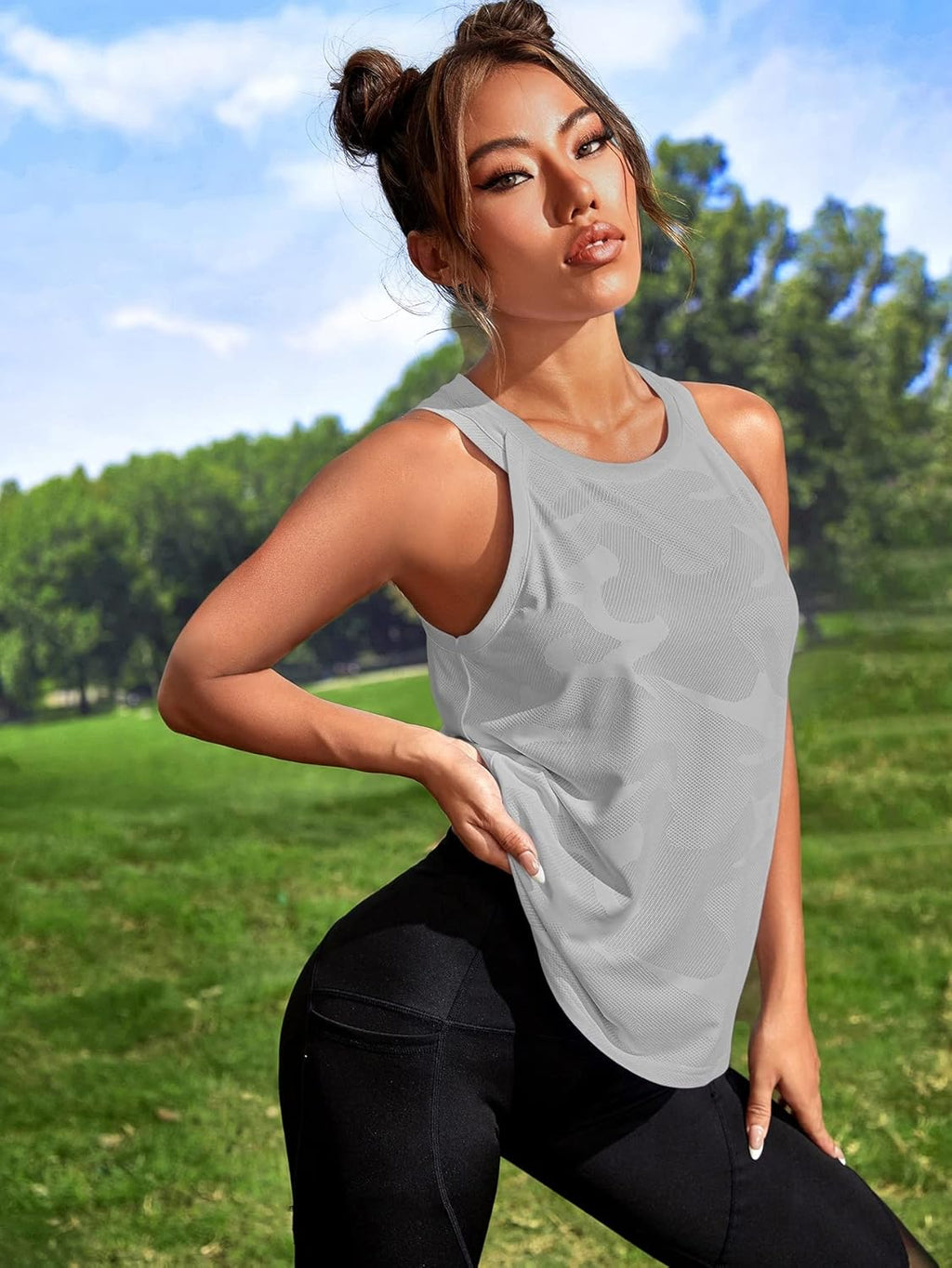 OYOANGLE Women's Camo Print Workout Tank Top - Sleeveless Active Gym Shirt for Yoga & Running