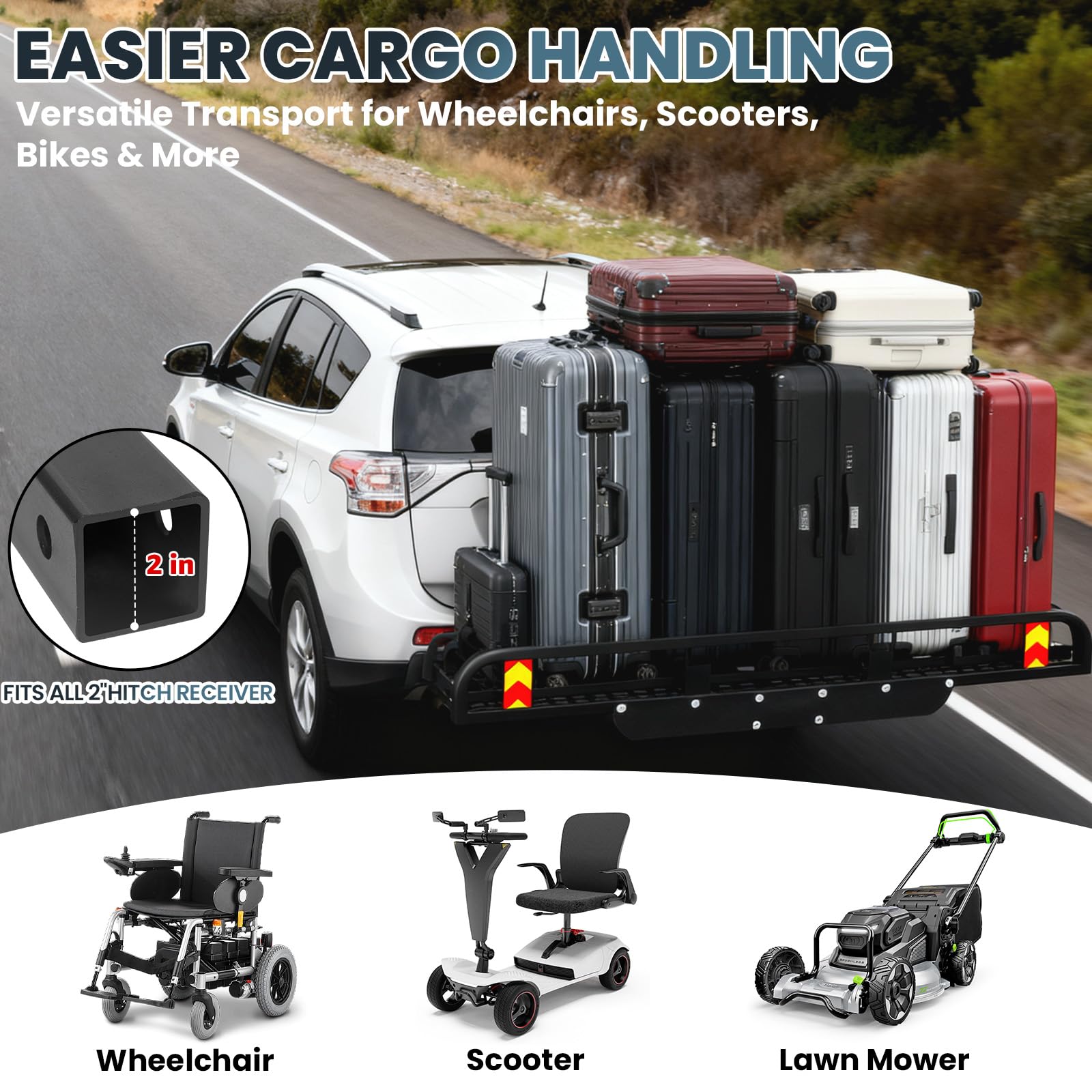 55"x34" Trailer Hitch Cargo Carrier, 1000LBS Hitch Cargo Carrier with Ramp, Folding Aluminum Alloy Mobility Scooter Carrier, Wheelchair Carrier for Car with 2" Receiver & Reflective Strips for Truck