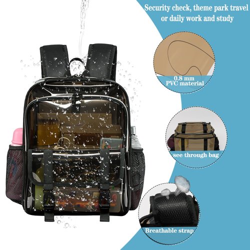 KUI WAN Clear Backpack, 15 inch Heavy Duty See Through Backpack for Boys and Girls Clear Book Bag with Multi-pockets, Brown