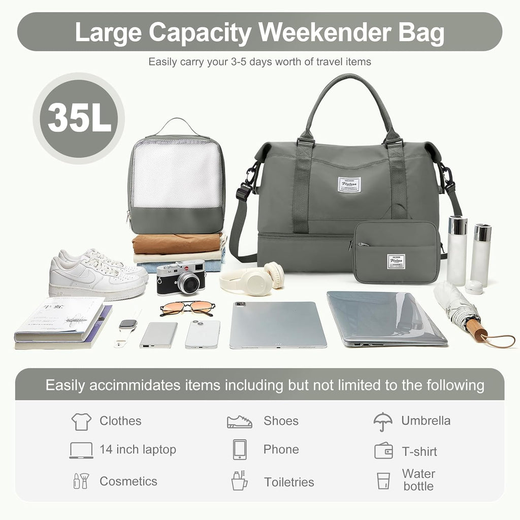 Skiennix Travel Duffle Bag - Stylish Weekender with Shoe Compartment | 3-Piece Set in Olive Green