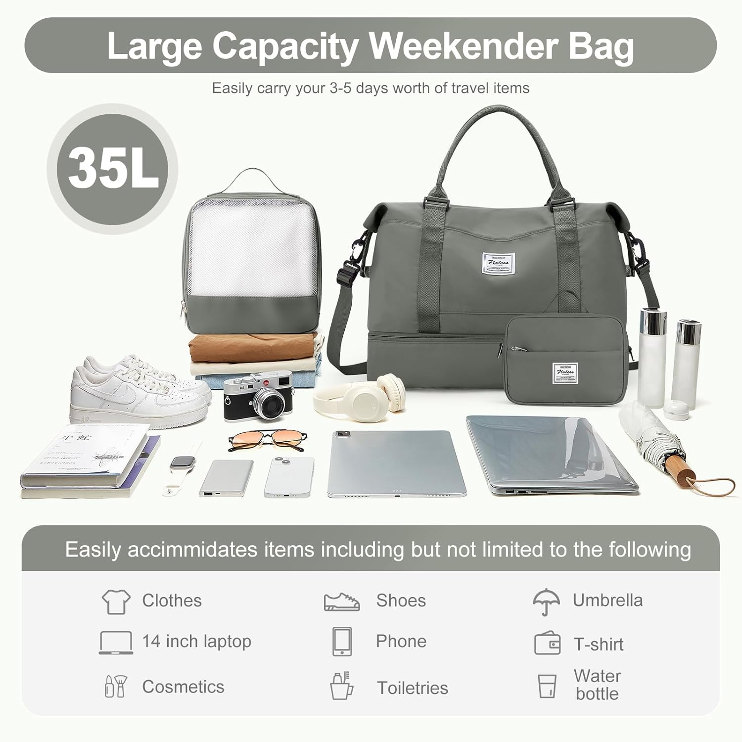 Skiennix Travel Duffle Bag - Stylish Weekender with Shoe Compartment | 3-Piece Set in Olive Green