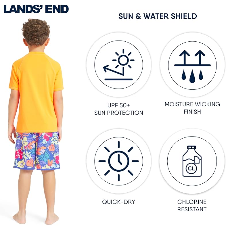 Lands' End Boys' Sun-Protection Rash Guard Tee UPF 50+ Shocking Orange Medium