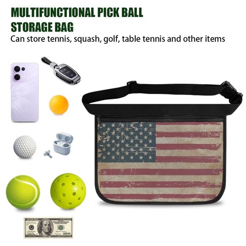 Kathyboom Tennis Ball Band Holder,Retro American Flag Pickleball Ball Waist Bag with Adjustable Belt, Tennis Waist Storage Pouch for Tennis, Pickleball, Golf Accessories