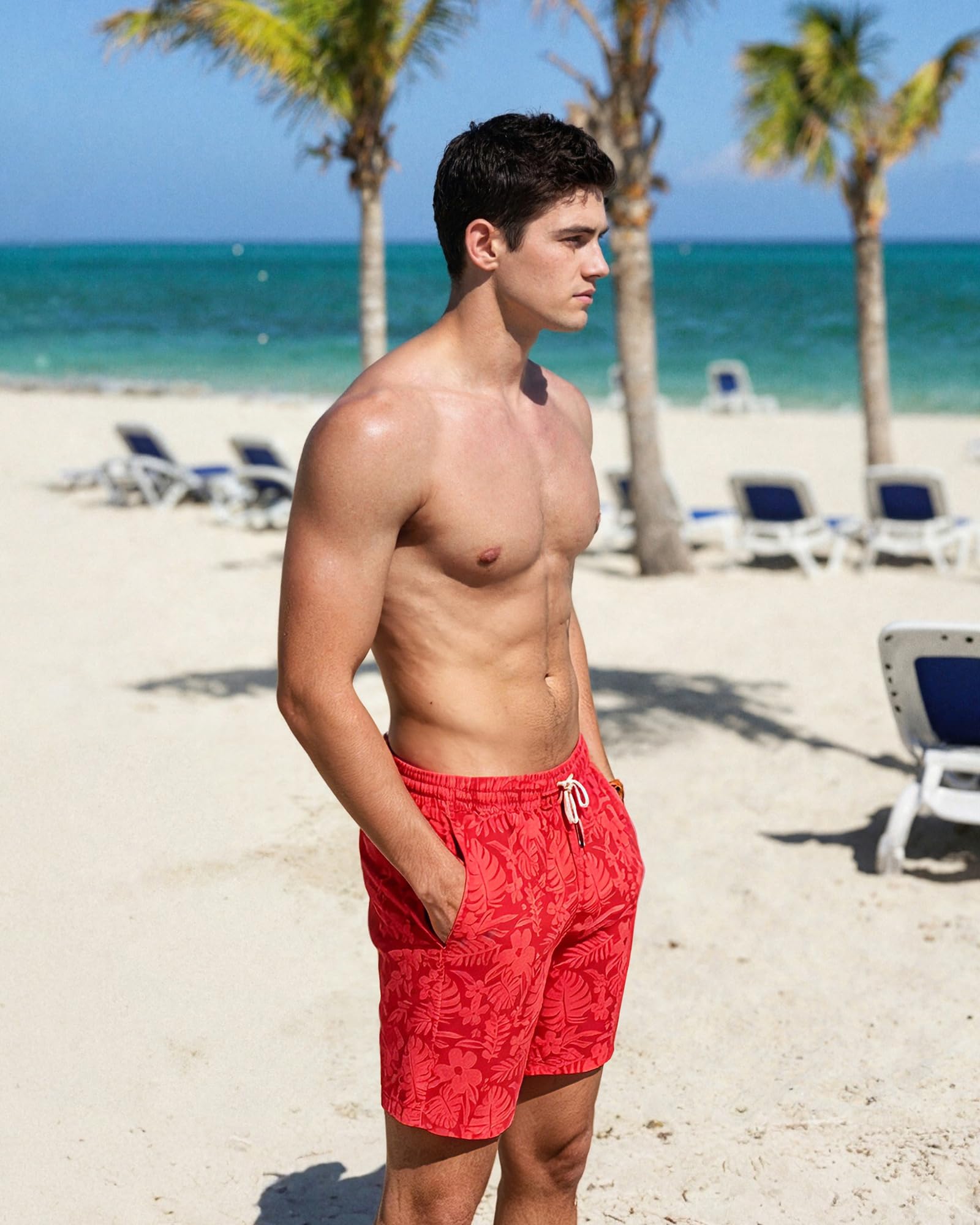 SURF CUZ Mens Swim Trunks with Compression Liner Quick Dry Swim Shorts 7" Swimming Trunks Stretch Zipper Pockets,Red Leaves,L