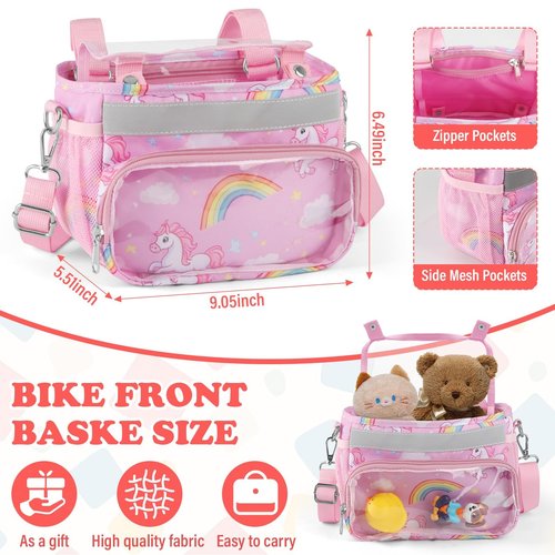 Kids Bike Scooter Front Mount Bike Basket, Pink Cute Fabric Children's Bike Rack Basket Handlebar Bag, with Adjustable Shoulder, with Reflective Safety Straps, for Bicycle Accessories Fit Most Girls