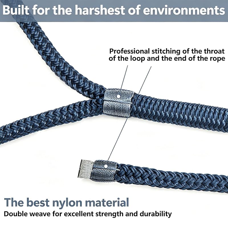 4 Pack 3/8" x 15' Double Braided Nylon Dock Lines – UV Guard, 4150 LBS, Eye Loop
