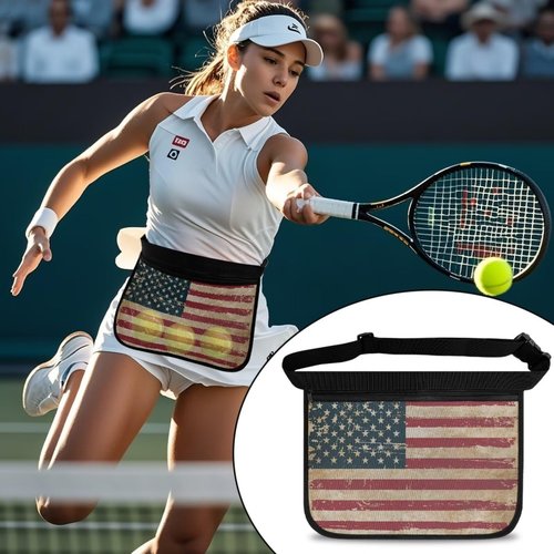 Kathyboom Tennis Ball Band Holder,Retro American Flag Pickleball Ball Waist Bag with Adjustable Belt, Tennis Waist Storage Pouch for Tennis, Pickleball, Golf Accessories