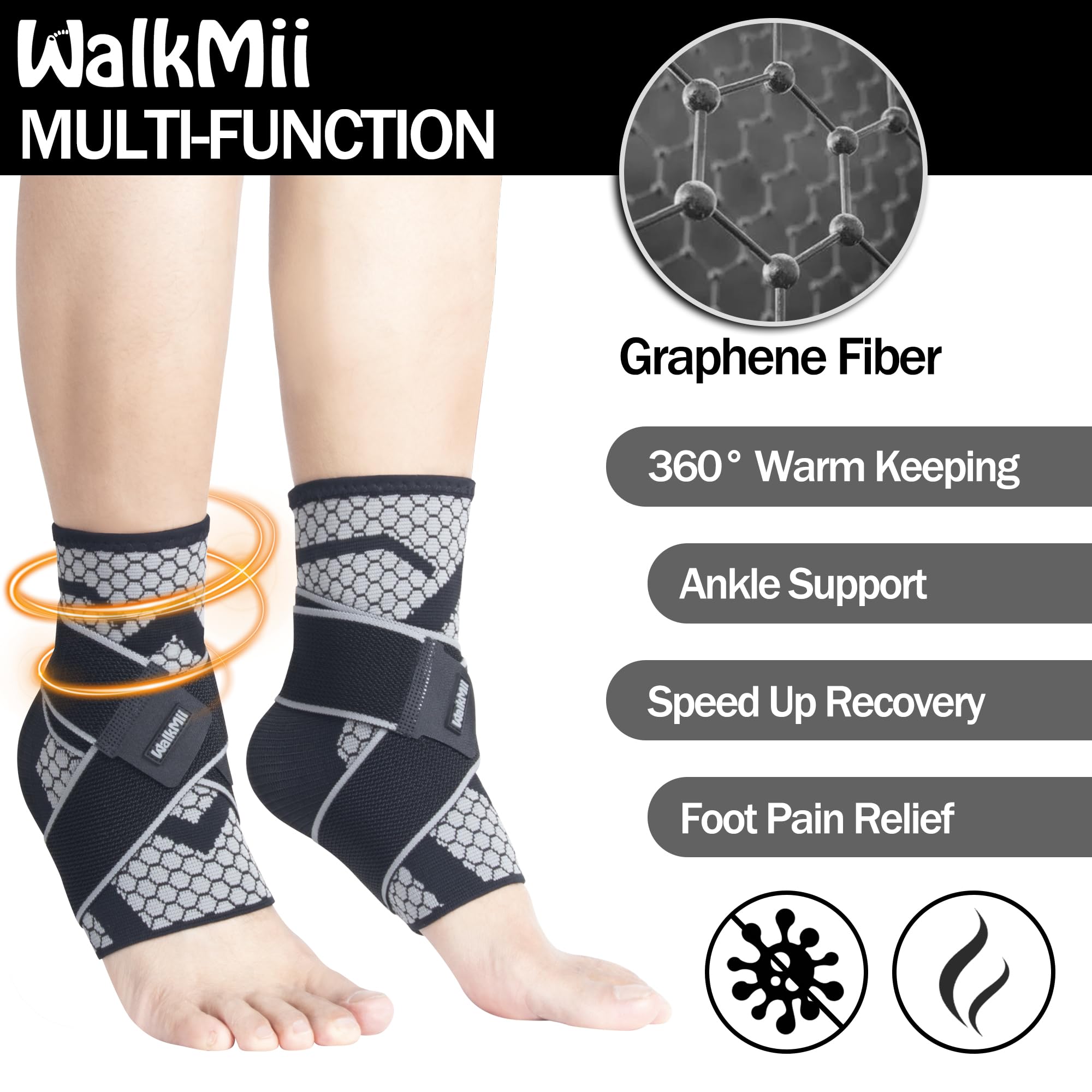 WalkMii Ankle Compression Sleeves (1 Pair)-Ankle Brace for Achilles Tendonitis, Sprain, Pain Relief, Plantar Fasciitis Ankle Support Socks with Adjustable Strap for Women & Men-L