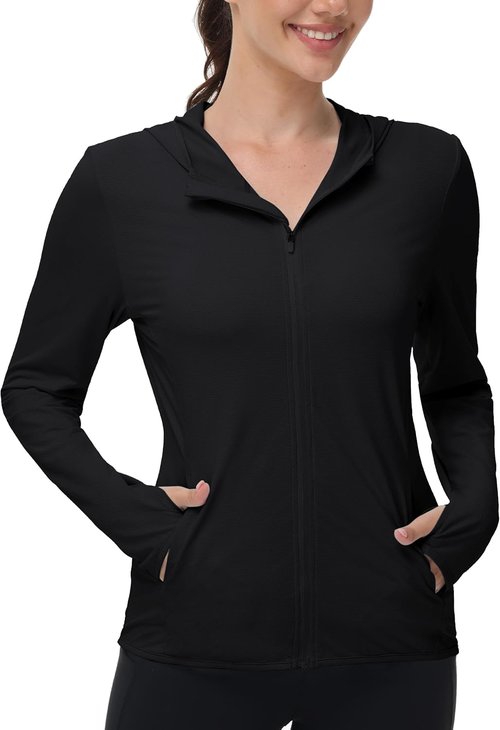 Isnowood Women's UPF 50+ Sun Protection Rash Guard - Lightweight UV SPF Long Sleeve Zip Hoodie Jacket