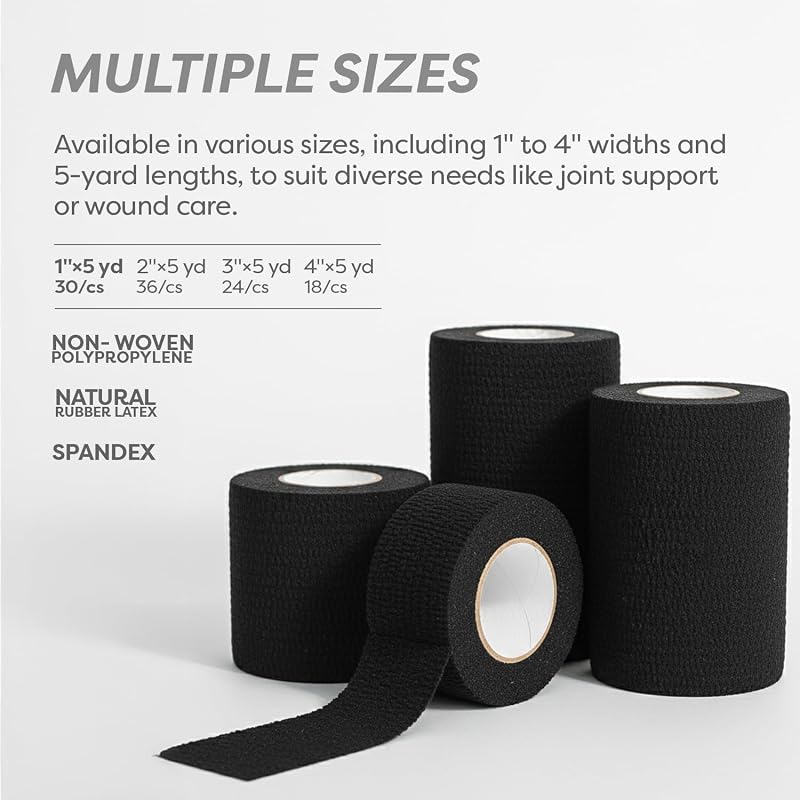 Sensi-Wrap Self-Adherent Bandage Rolls, Black 1" x 5 yds - 30 Count (Pack of 1)