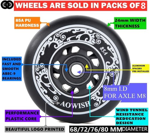 AOWISH Inline Skate Wheels 85A Outdoor Asphalt Formula Hockey Roller Blades Replacement Wheel with Bearings ABEC-9 and Floating Spacers (8-pack) (Black, 80mm)