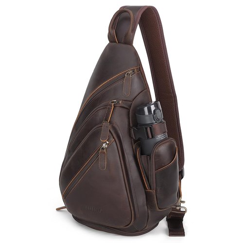 TIDING Full Grain Leather Sling Chest Bag for Men Large Crossbody Shoulder Bag Casual Hiking Daypack Fits 11" Tablet