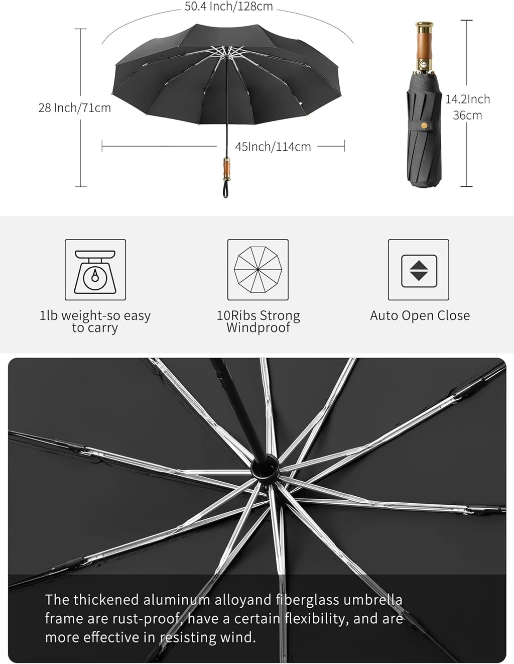 Rain Cats Large Umbrella - 45-Inch Windproof Travel Umbrella with 10 Fiberglass Ribs | Compact & Automatic