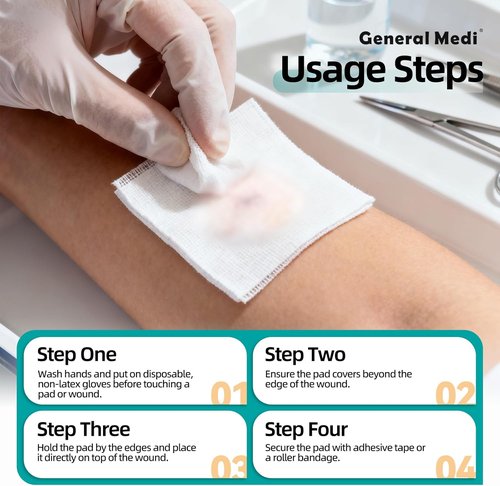 General Medi Sterile Gauze Pads - Individually Wrapped 4" x 4" Wound Care for Cuts & Burns | 50 Packs (100 Total)