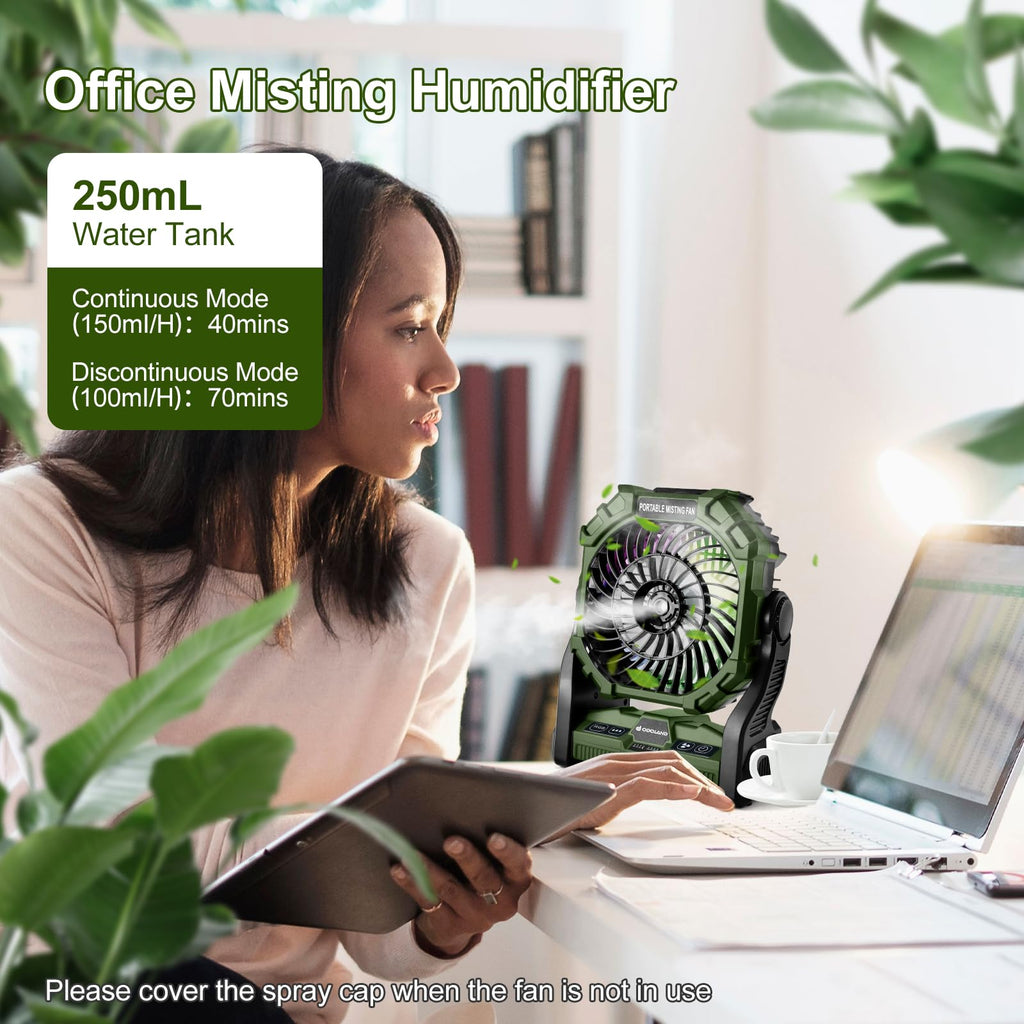 Odoland Portable Camping Fan with LED Lantern, 20000mAh Battery Operated Rechargeable Misting Fan with Light, 250mL Water Tank, Hook, Outdoor Tent Cooling Fans for Patios Beach Travel Summer, Green