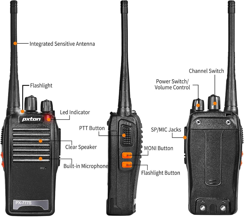 Pxton 777S Rechargeable Walkie Talkies - Long Range Two-Way Radios with Earpieces & Li-ion Battery (2 Pack)