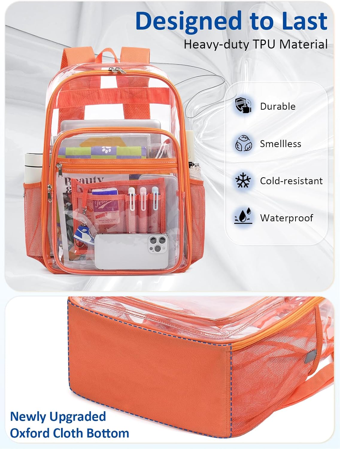 Skiennix Extra Large Clear Backpack - TSA Lock, Heavy Duty Transparent Bookbag for College & Travel | Orange
