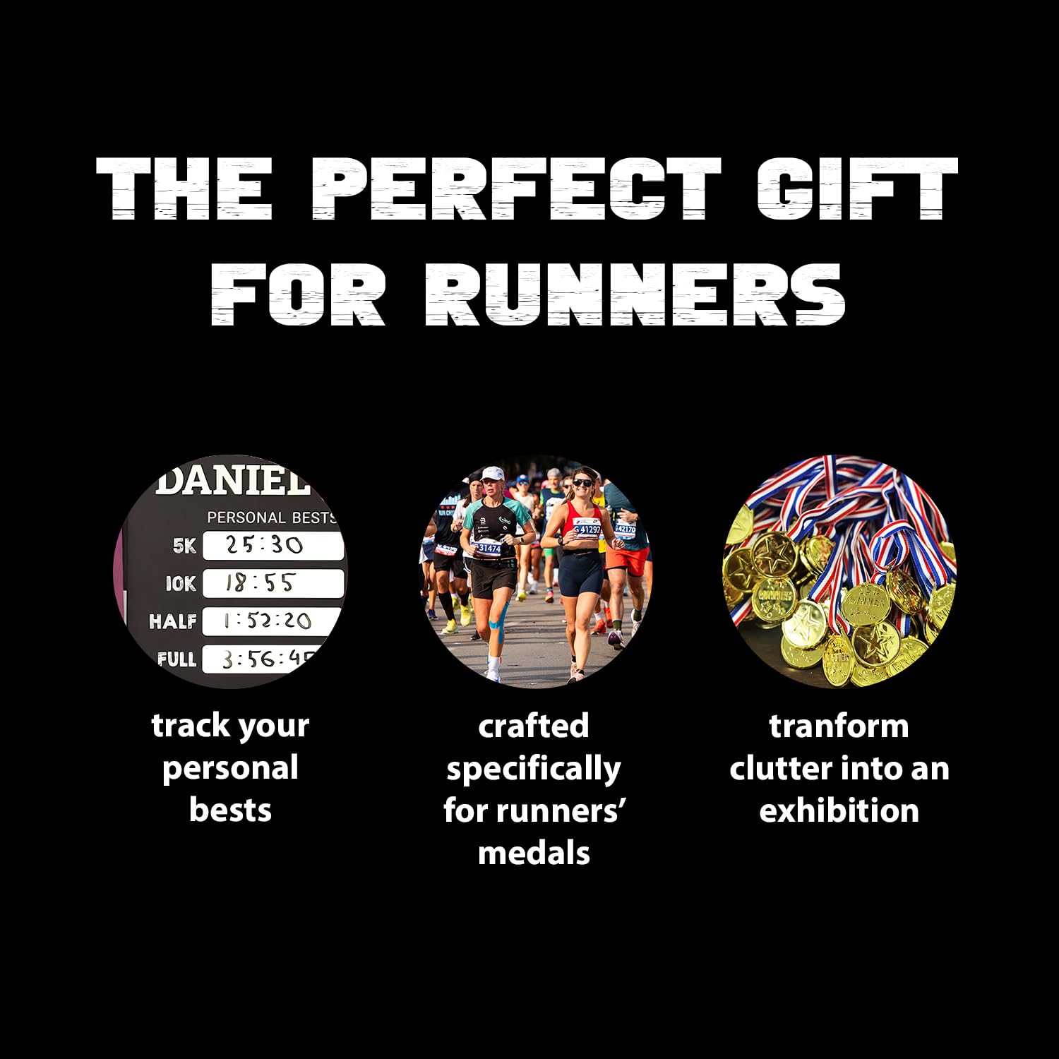 Personalized Running Medal Hanger Display | Wooden Bib And Medal Display For Runners | 5K 10K Marathon Personal Bests Chalkboard Design, Gifts for Runners, Holds up to 60 Medals And 40 Bibs