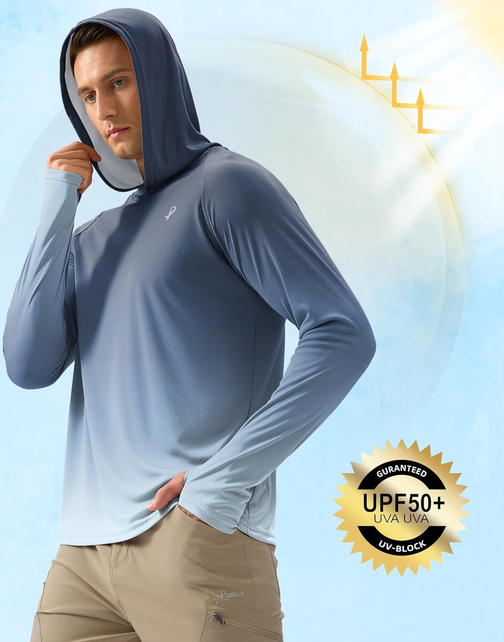 Pudolla Men's Sun Protection Hoodie - UPF 50+ Long Sleeve Rash Guard for Fishing, Hiking & Boating