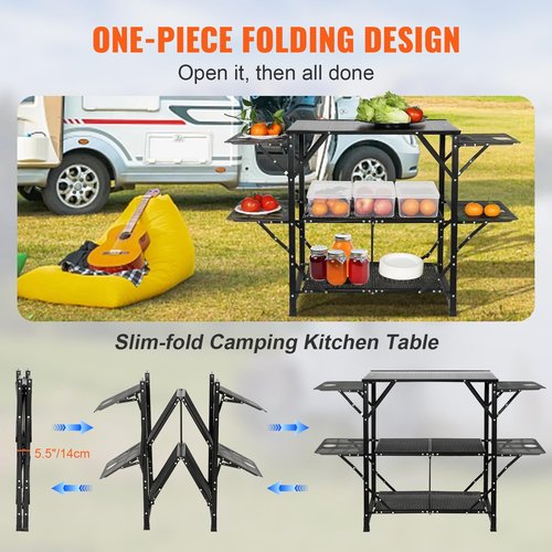 VEVOR Camping Kitchen Table, Aluminum Folding Portable Outdoor Cook Station with 4 Iron Side, 2 Shelves & Carrying Bag, Quick Installation for Picnic BBQ Beach Traveling